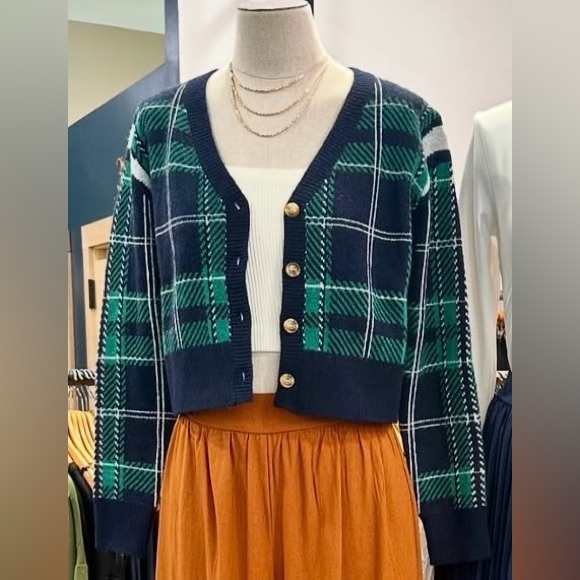 Francesca's Collections Navy and Green Plaid Sweater - Picture 2 of 3